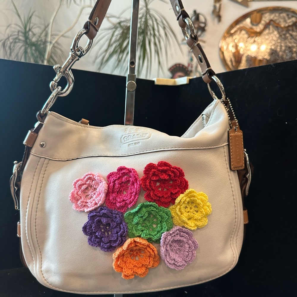 Coach White Leather Shoulder Bag with Multicolor Crochet Flowers